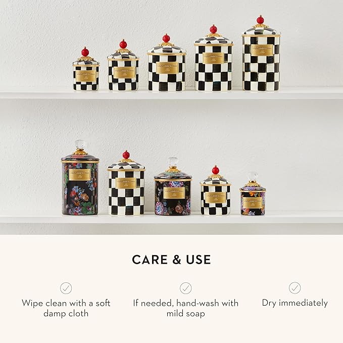 MACKENZIE-CHILDS Large Enamel Canister, Kitchen Storage Container for Flour and Sugar, 1.89 Liters, Black-and-White Courtly Check