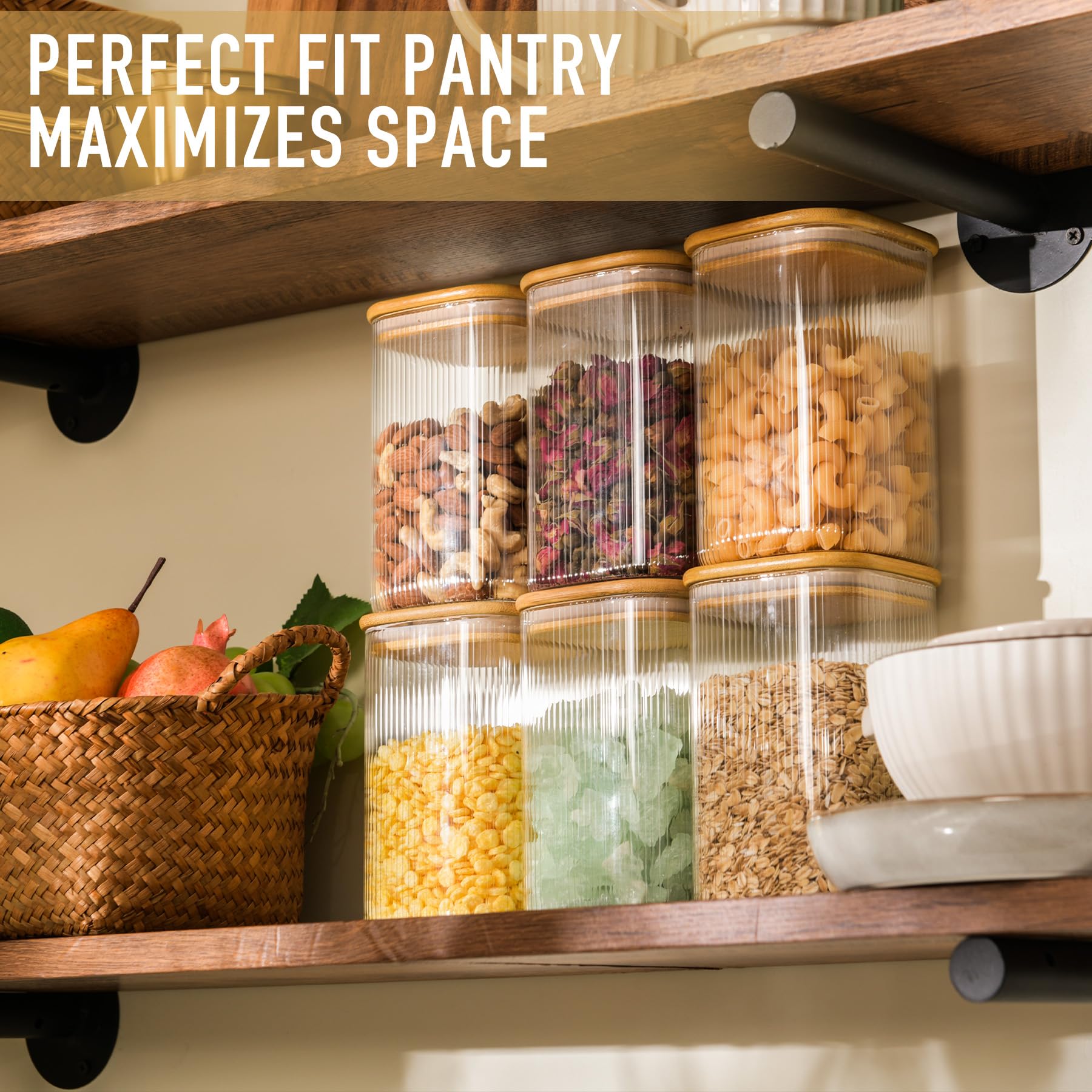 D2scrma 37oz Airtight Glass Square Storage Canisters with Bamboo Lids Set of 4 (1100ml) Striped Stackable Containers, Decorative Kitchen Jars for Tea, Nuts and Coffee (‎with Black Lable)