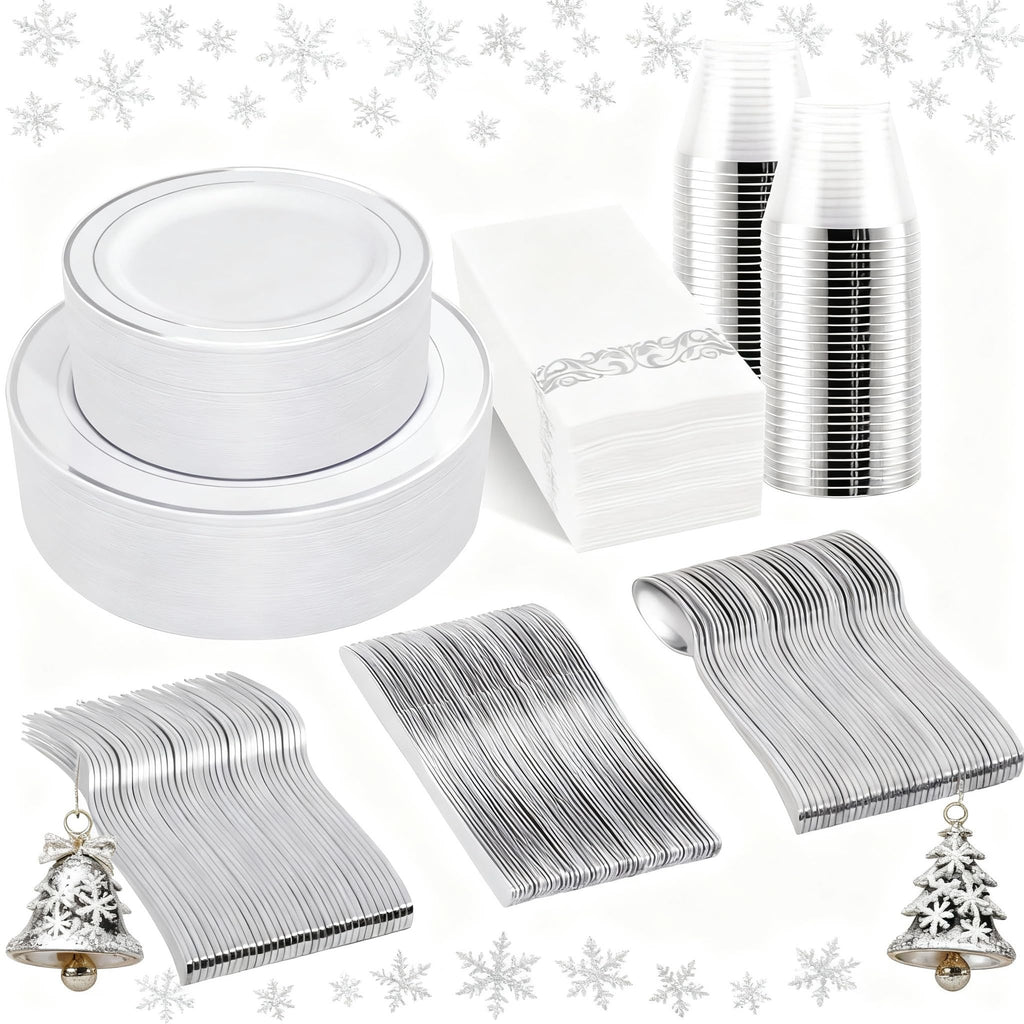 bUCLA 350PCS Silver Plastic Dinnerware Set for 50 Guests - Silver Plates Disposable Include 50 Dinner & 50 Dessert Plates,50 Forks,50 Knives,50 Spoons,50 Cups,50 Napkins for Party & Christmas