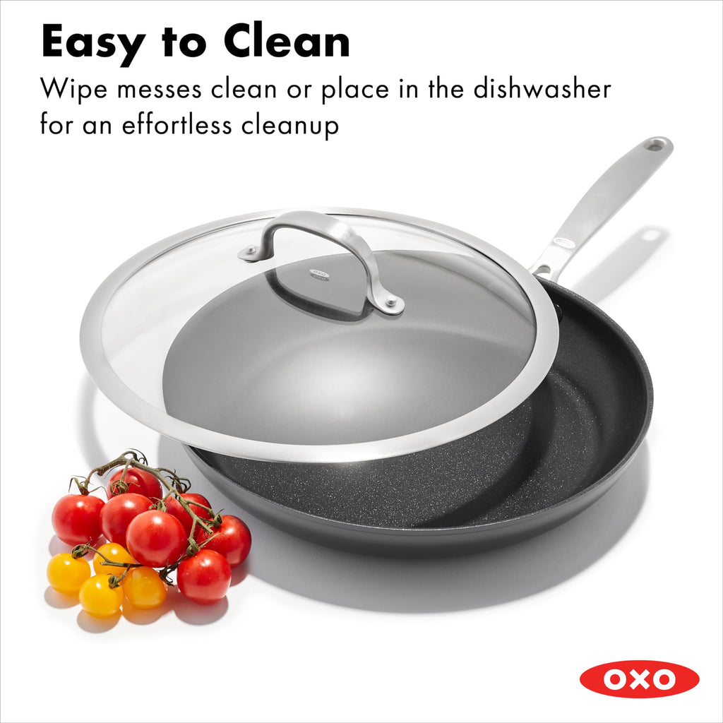 OXO Enhanced 12” Nonstick Frying Pan Skillet with Lid, Ceramic PFAS-Free Cookware, Durable Hard Anodized, Scratch Resistant, Stainless Steel Handle, Eggs & Omelets, Dishwasher & Oven Safe, Black