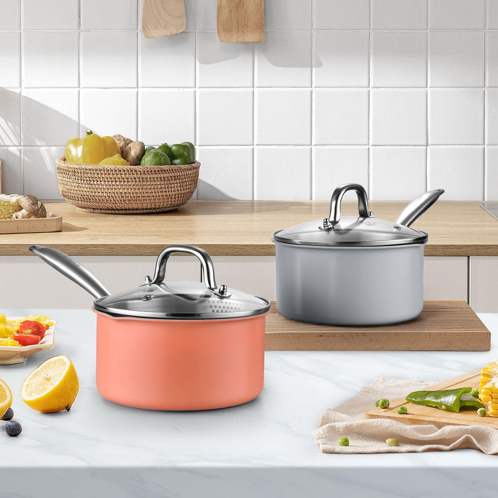 Fracoda 3.0 Quart Stainless Steel Pot Saucepan with Glass Strainer Lid, Sauce Pot with Two Side Spouts, Induction Cooking Pot, Multipurpose Sauce Pan with Lid for Cooking