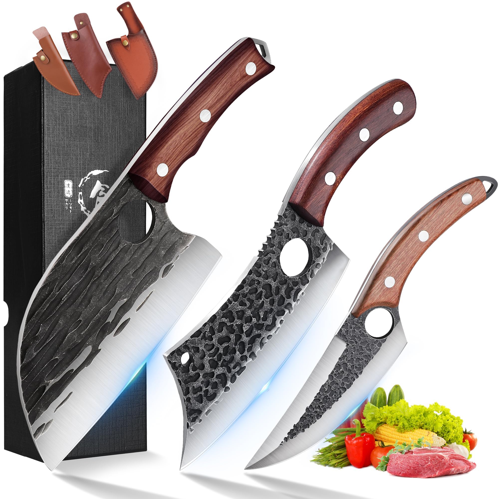ROCOCO Butcher Cleaver Knife Set - 3PCS Serbian Chef Viking Boning Knife