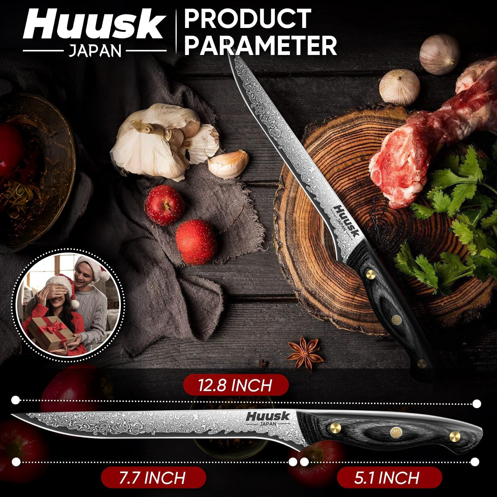 Huusk Damascus Boning Knife 8 inch Brisket Trimming Knives
