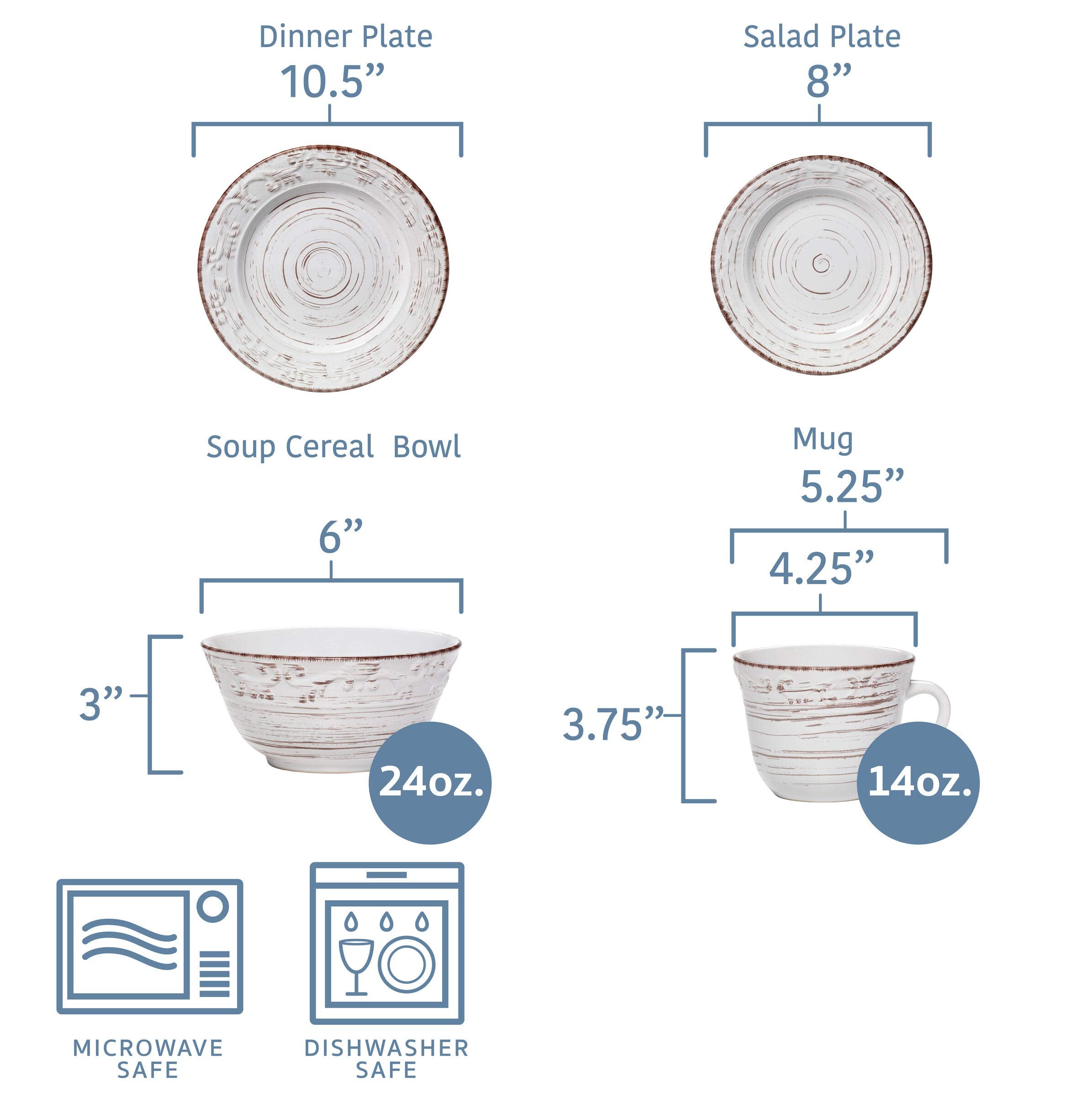 Pfaltzgraff Trellis White 16-Piece Stoneware Dinnerware Set, Service for 4, Distressed White Finish, Microwave & Dishwasher Safe Plates and Bowls
