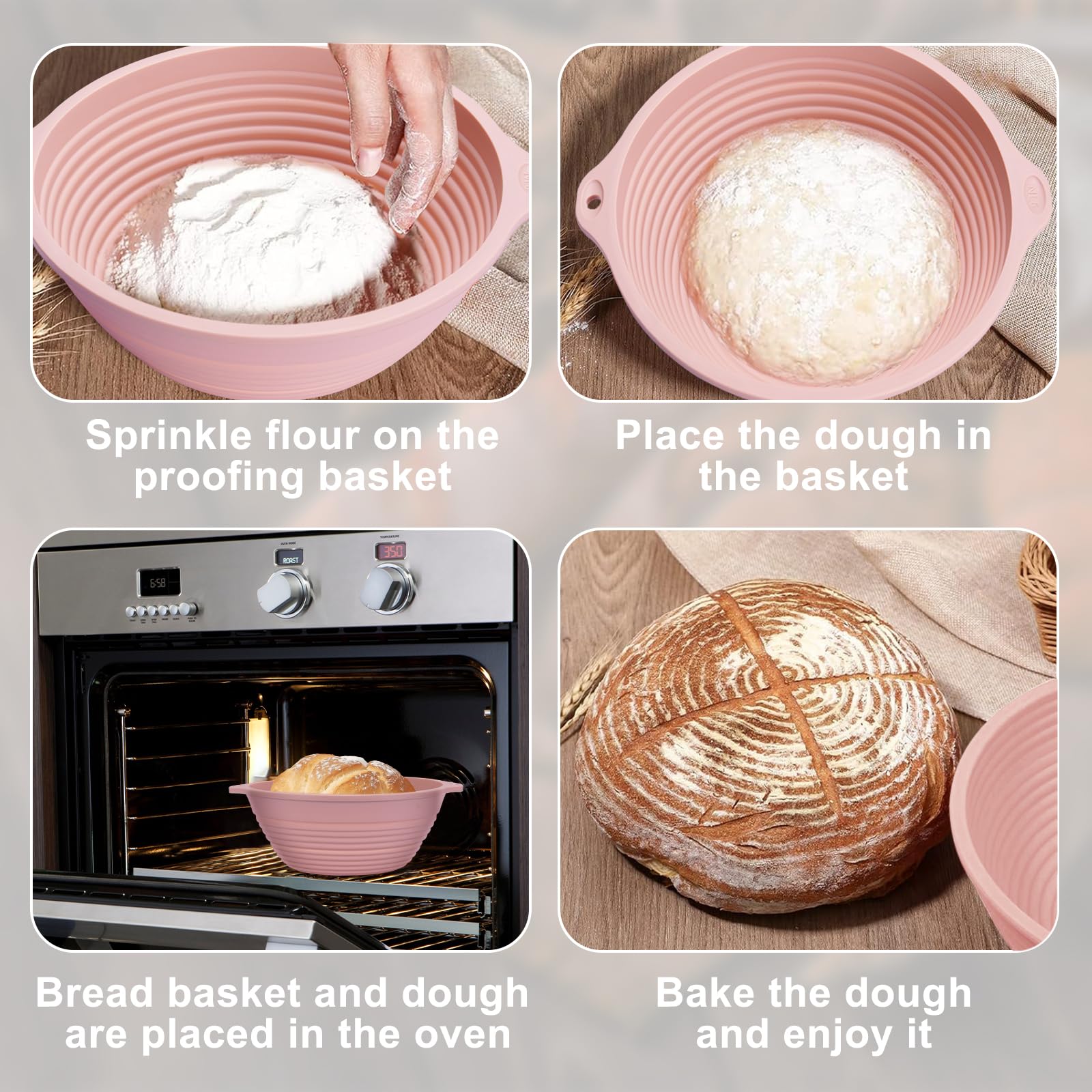 4-Pack Reinforced Silicone Banneton Bread Proofing Baskets for Sourdough, 9" Round Non-Stick Proofing Bowls with Dual Handles, Built-In Rim Support, Oven, Freezer & Dishwasher Safe, Foldable, BPA Free