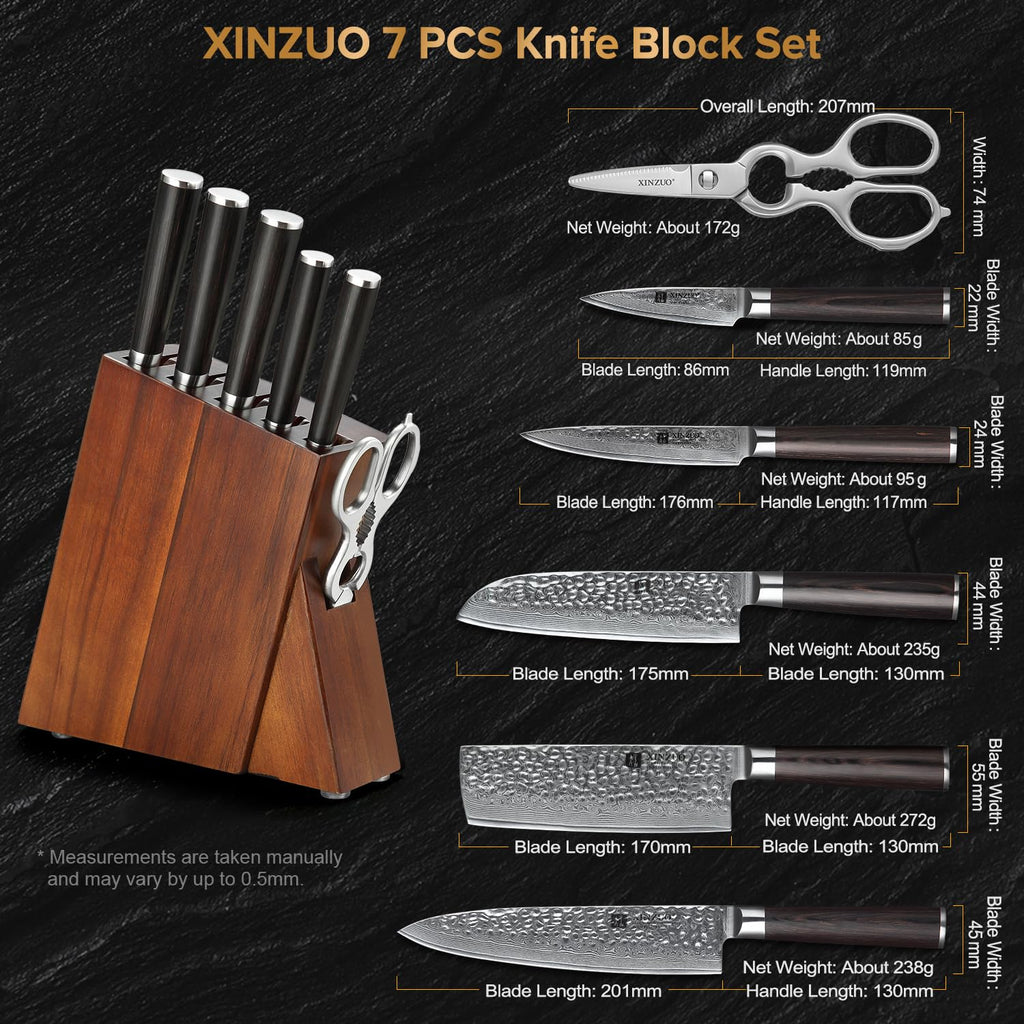 XINZUO Damascus 7-Piece Kitchen Chef Knife Block Set,Professional Sharp Cutting Knife Set with Block,Pakkawood Handle,Chef Gift Box