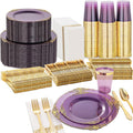 Nervure 350Pcs Purple Plastic Plates, Plastic Dinnerware Set for 50 Guests