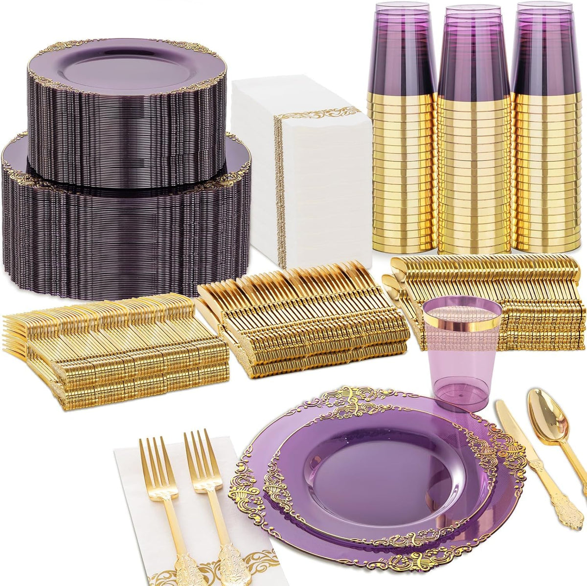 Nervure 350Pcs Purple Plastic Plates, Plastic Dinnerware Set for 50 Guests