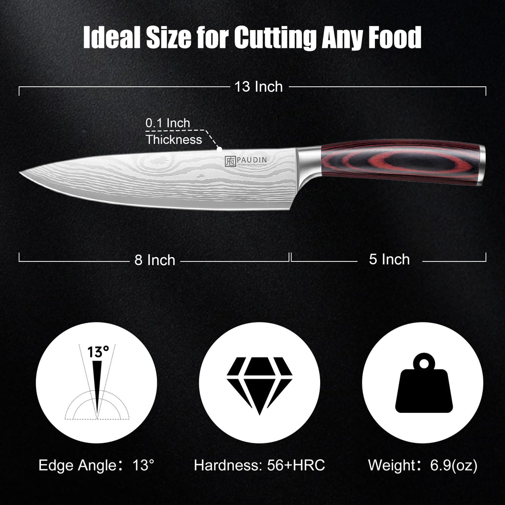 PAUDIN Chef Knife, 8 Inch High Carbon Stainless Steel Sharp Kitchen Knife with Ergonomic Handle, Gift Box for Family & Restaurant
