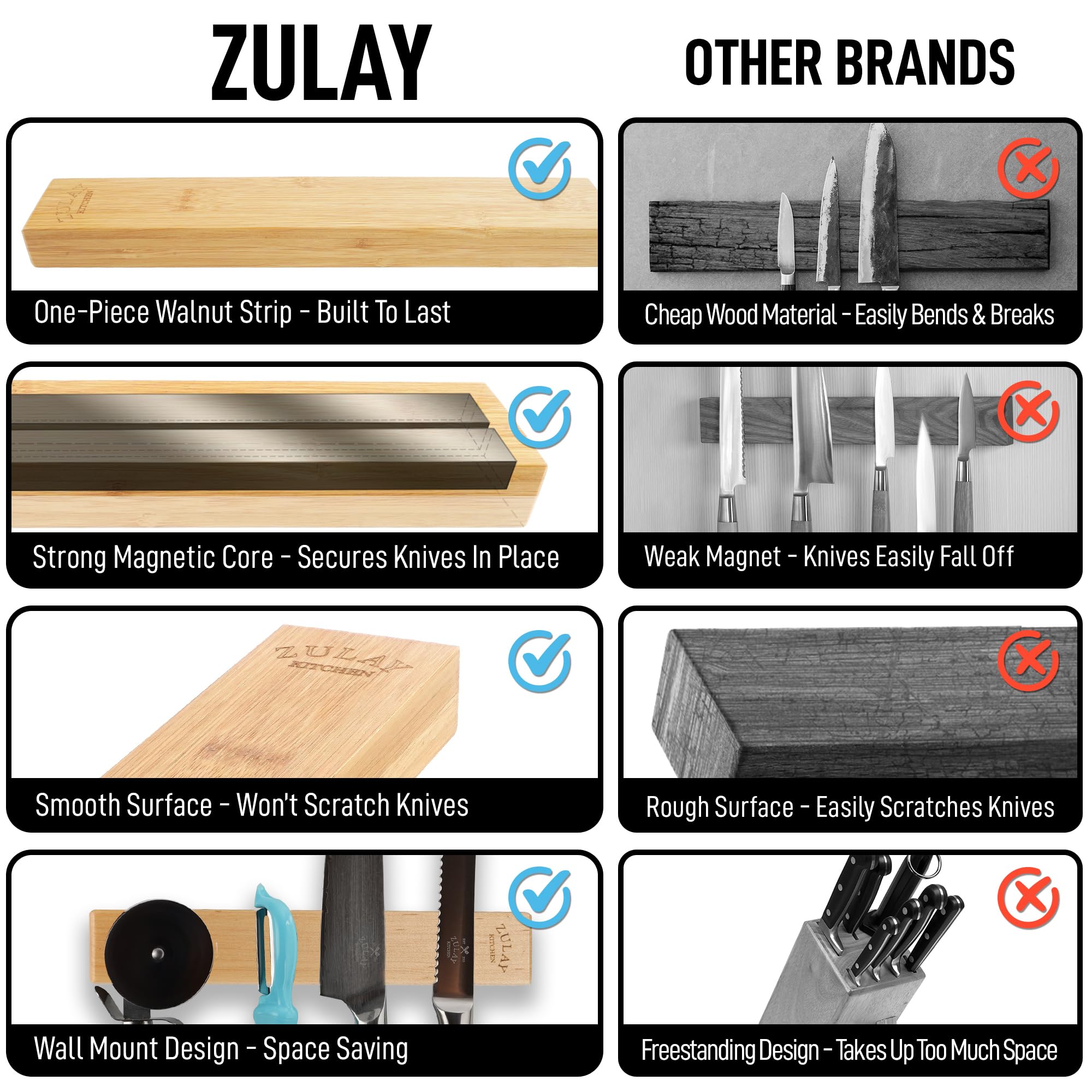 Zulay 11.75" Seamless Maple Wood Magnetic Knife Holder - Wooden Magnetic Knife Strip for Organizing your Kitchen - Elegant & Multifunctional Magnet Holder for Wall with Easy Installation