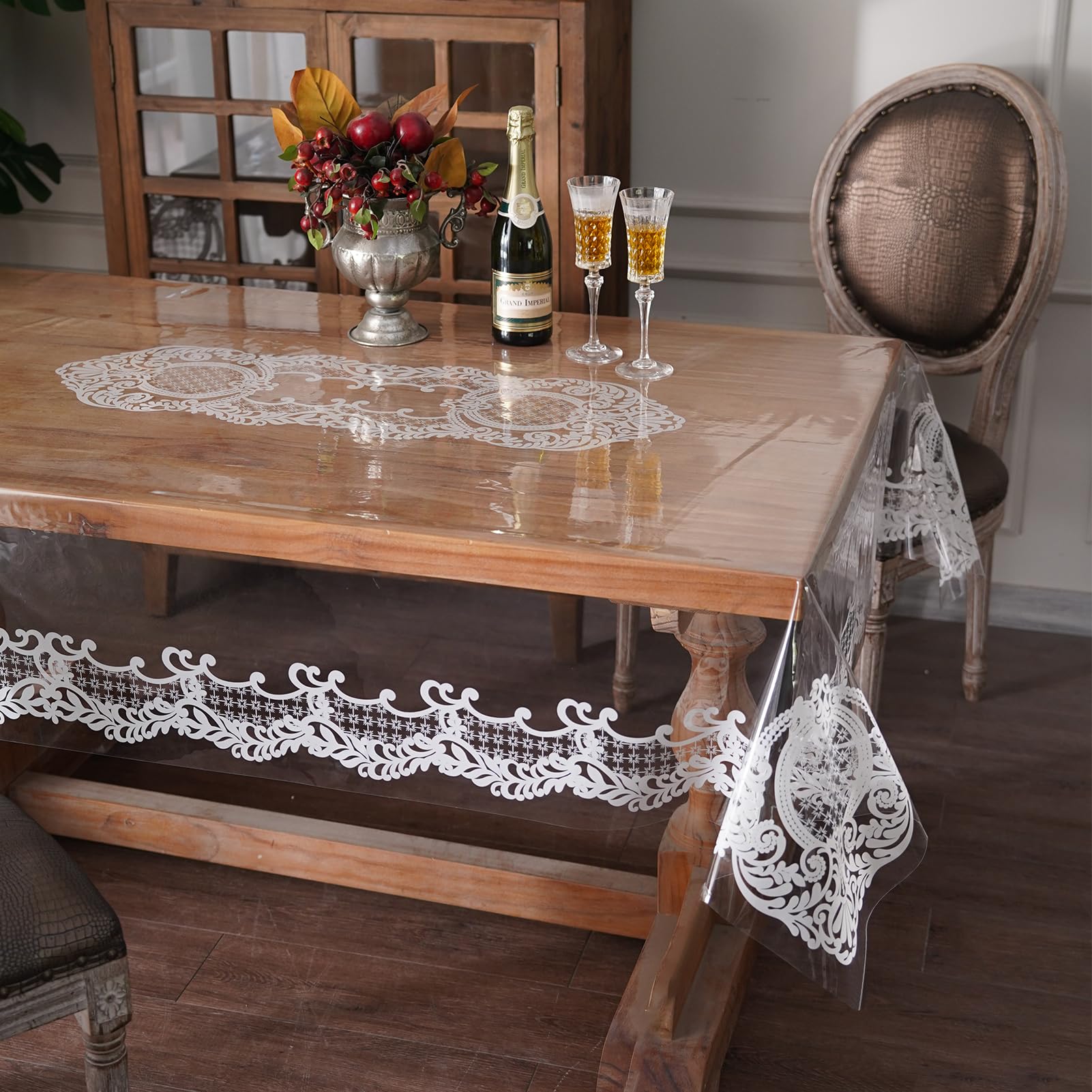 Artbloss Rectangle Waterproof Clear Table Cover Protector Vinyl Table Cloth Oil Spill Proof Wipe Clean Lace Plastic Tablecloths for Dining Tables (White, 60 x 84 Inches)