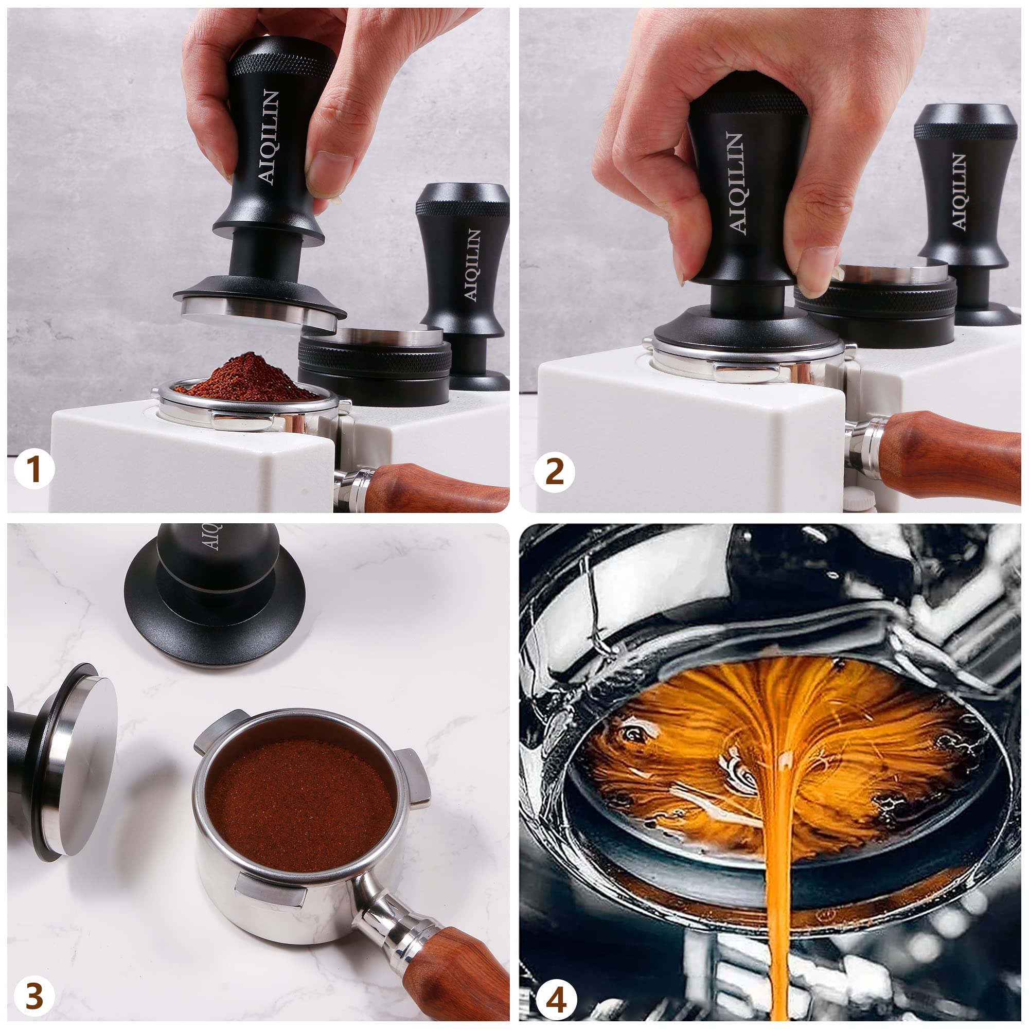 AIQILIN Espresso Tamper, Constant 30lb Coffee Tamper with double Calibrated Spring Loaded, Stainless Steel double spring loaded Coffee Tamper Fits for All Portafilters- Flat Base (58mm, BLACK)