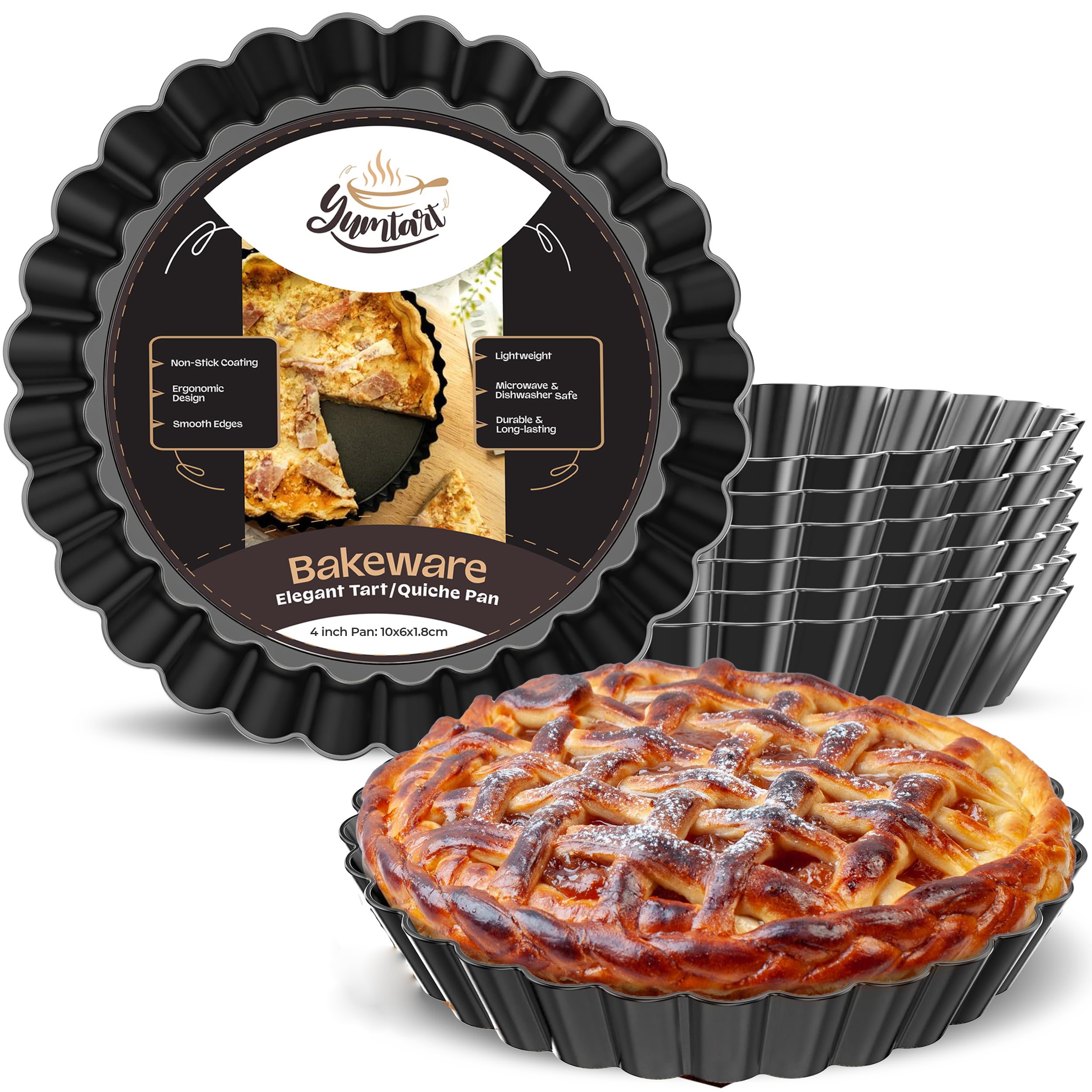 YUMTART 4 Inch Round Tart Pan 8 Pieces, False Bottom Pie Pan, Deep Fluted Tart and Quiche Pan with Removable Bottom - Non-Stick Tart Pan