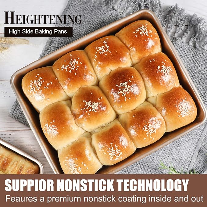 Deep Baking Pans Set Nonstick,Rectangle Cake Pan,Stackable Bakeware Set of 3,Oven Trays for Baking,Gold(9''/11''/13'')