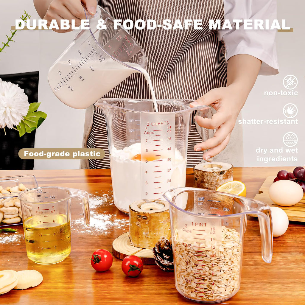 DaYammi Measuring Cups 4-Piece, Unbreakable Food-Grade Plastic Measuring Cup for Dishwasher, 1/2/4/8-Cup Nesting Liquid Measuring Cups for Prepping, Baking, Cooking, Readable Markings, Clear