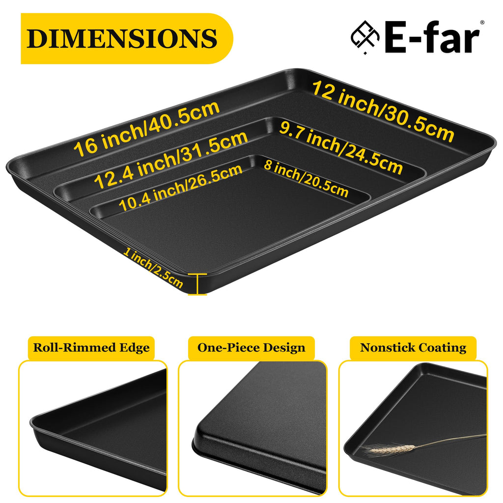 E-far Cookie Baking Sheet Set of 3, Nonstick Metal Sheets Pans Jellyroll Trays for Oven, Large/Medium/Small (16/12.4/10.4”) No-toxic Rectangle Bakeware for Baking Cake Bread, Easy Clean