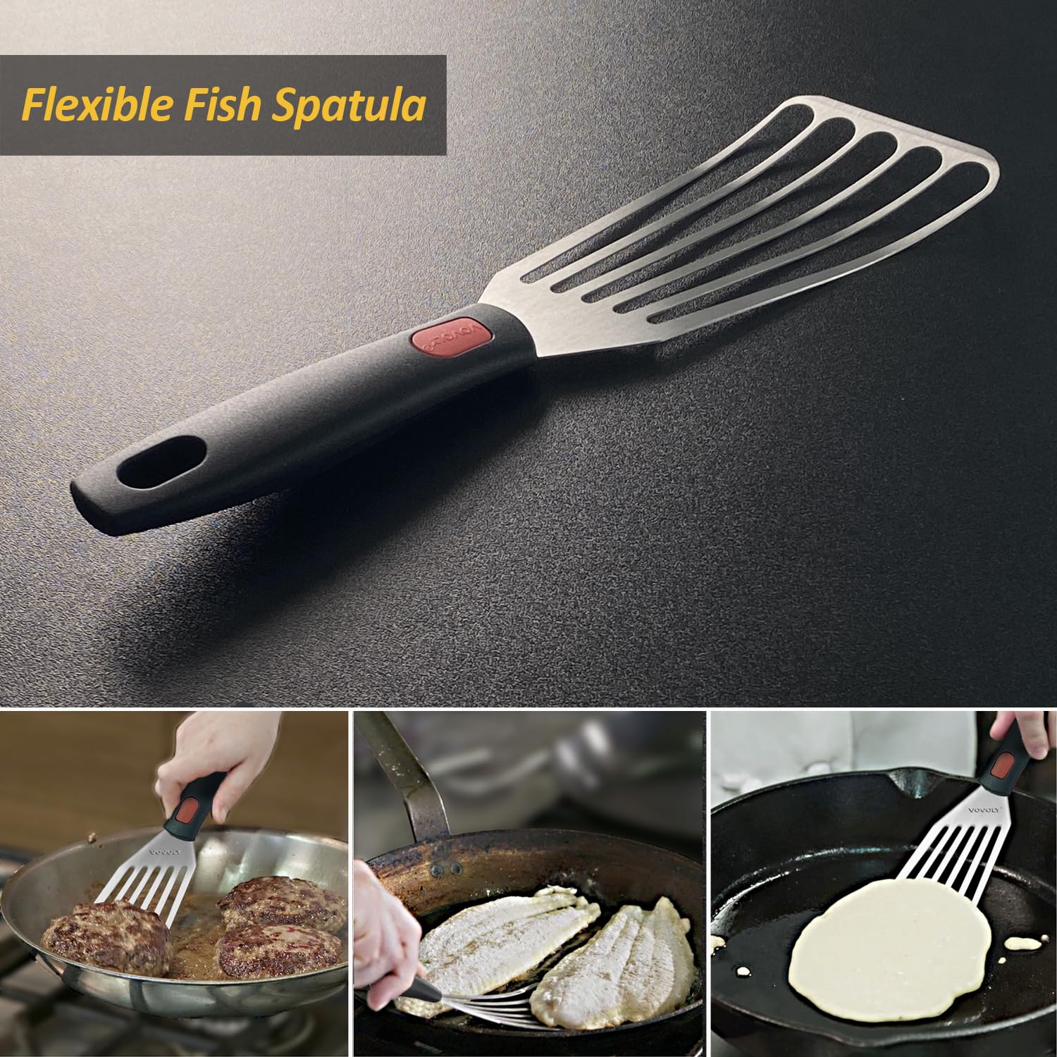 Stainless Steel Spatula Set with Heat Resistant Silicone Handle, VOVOLY Metal Spatulas For Kitchen Use, Thickened Smash Burger Spatula, Fish Flipper, Bench Scraper