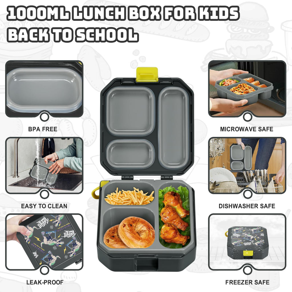 Itslife Bento Lunch Box Set for Kids with 12oz Soup Thermo&Lunch Bag, Leak-Proof Lunch Food Containers for Kids School, 5 Compartment, Sauce Cup, 10 Notes (Grey Dinosaurs)