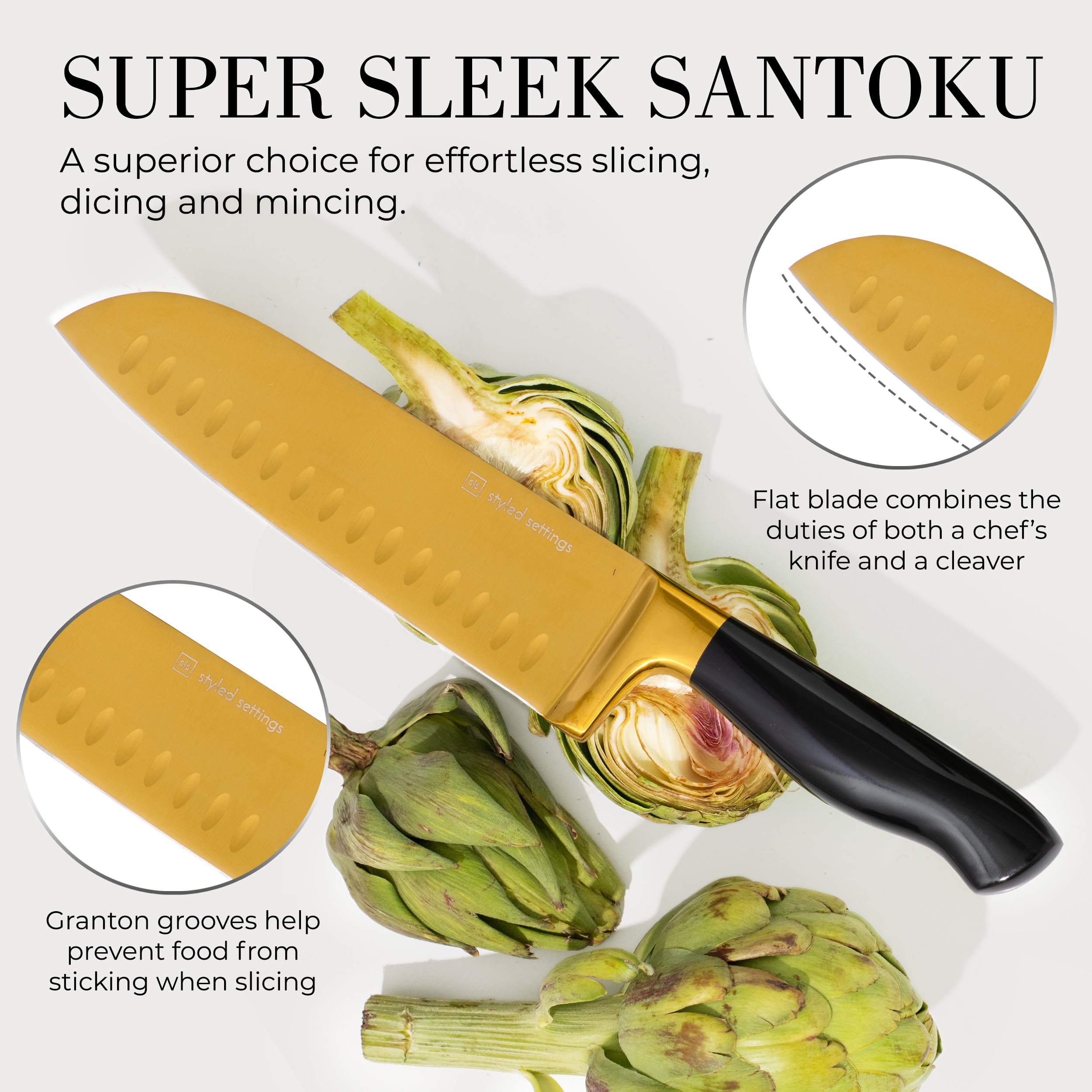 Styled Settings Black and Gold Knife Set with Block and Sharpener, 14-Piece