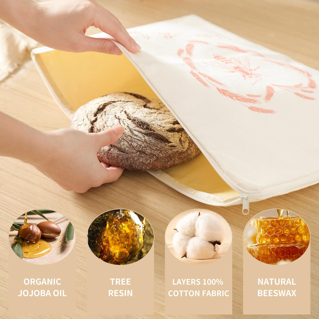 Premium Beeswax Bread Bags for Sourdough with Wide Zipper Access, 2 Pack XL(13x17in) Reusable Organic Beeswax-Coated Linen Cotton Bread Bags for Homemade Bread, Keeps Bread Fresh Naturally