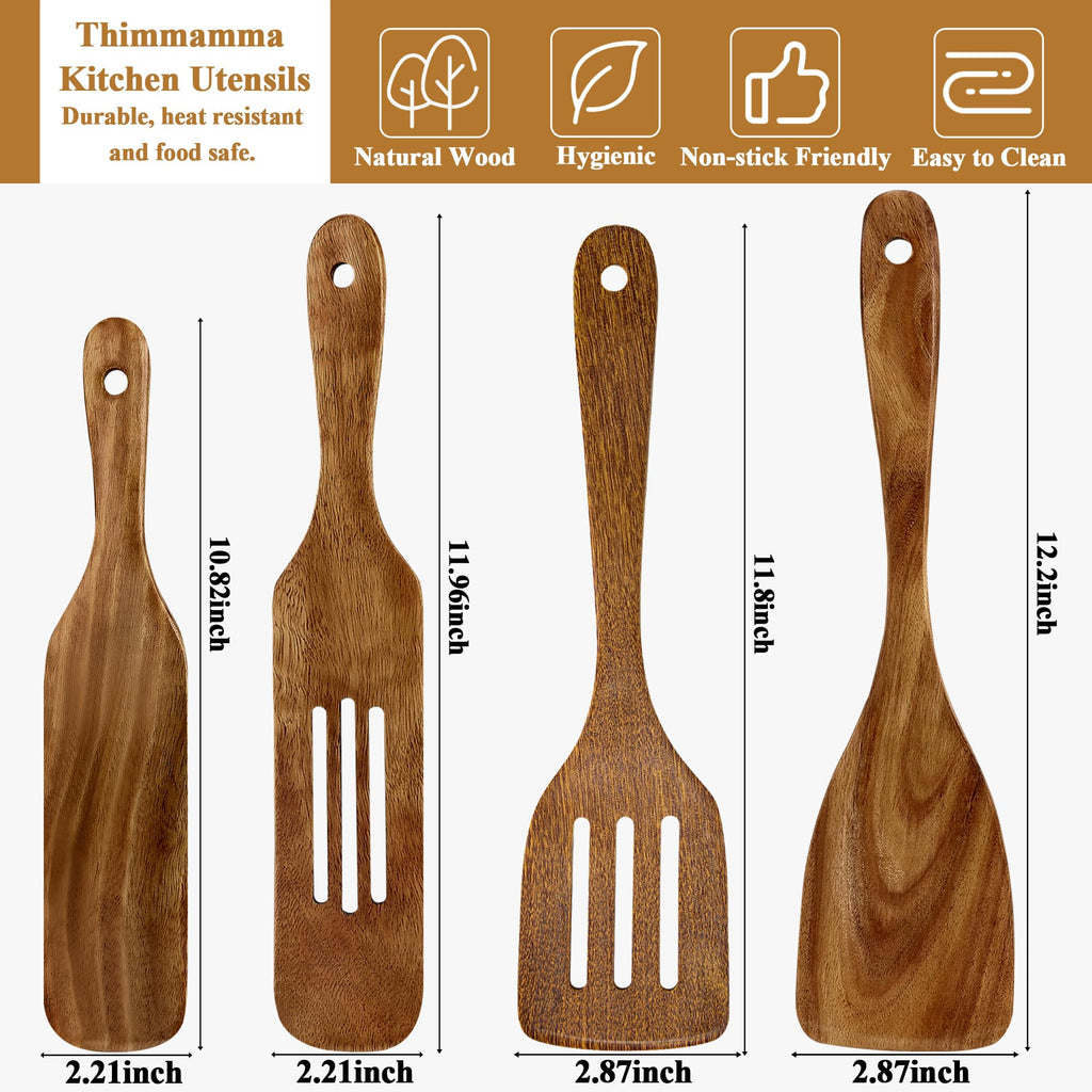 Wooden Spatula, Heat Resistant Cooking Wood Spatulas Spurtles for Non Stick Cookware Kitchen Use, Handmade Non Toxic Teak Wooden Cooking Utensil Spurtle Set for Cast Iron Baking Flipping, 4 Piece