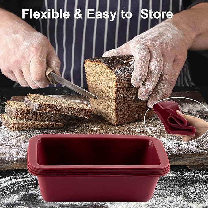 Silicone Mini Loaf Pan Set of 4, NonStick Easy Release Rectangle Silicone Mini Cake Pan for Baking Bread, Flexible BPA Free Silione Baking Mold and Bread Mold, Toast Pan, Brownie Loaf Pan, Cake Mold…