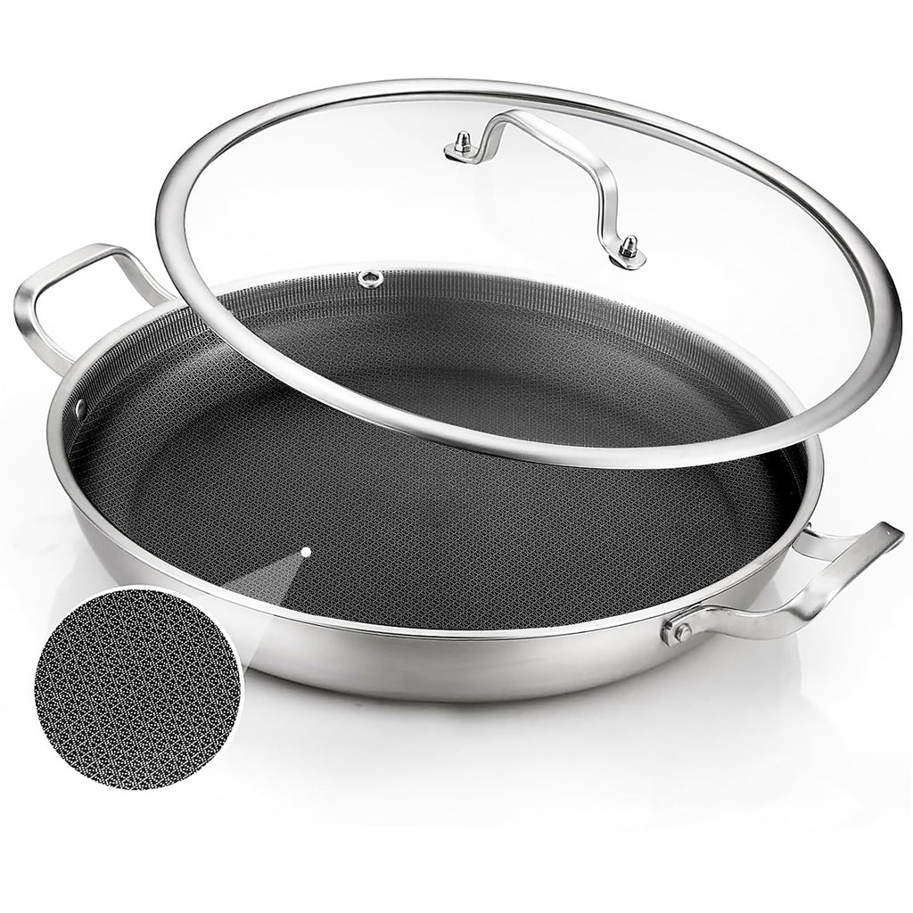 DELARLO 13 Inch Tri-Ply Stainless Steel Paella Pan With Lid, Big Frying Pan, kitchen Induction Large Skillets,Great for Paella Parties Indoors Outdoors,Heavy Duty Style