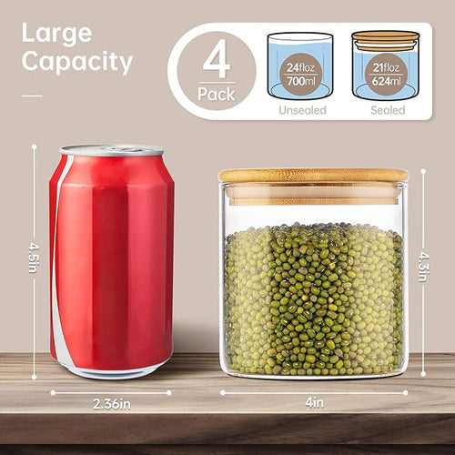 21 oz Glass Jars with Bamboo Lids, Airtight Food Storage Containers, 4 Pack