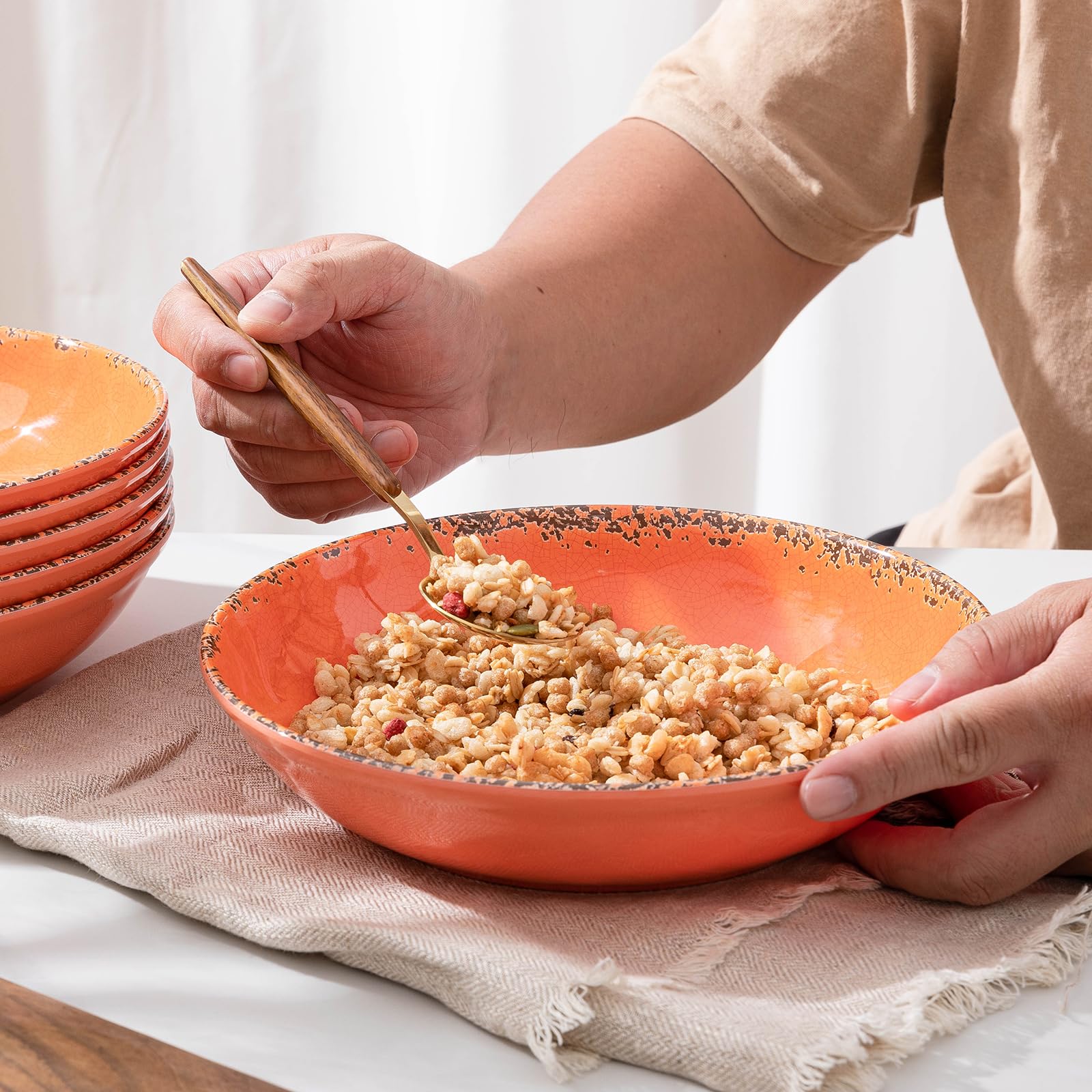ZAROCRUS Farmhouse Melamine Pasta Bowls set, 42 OZ Large Fruit Bowl, Lightweight and Unbreakable Salad Serving Bowl, Set of 6, 9.25 inch Wide and Shallow Dinner Bowls, Dishwasher Safe,Orange…