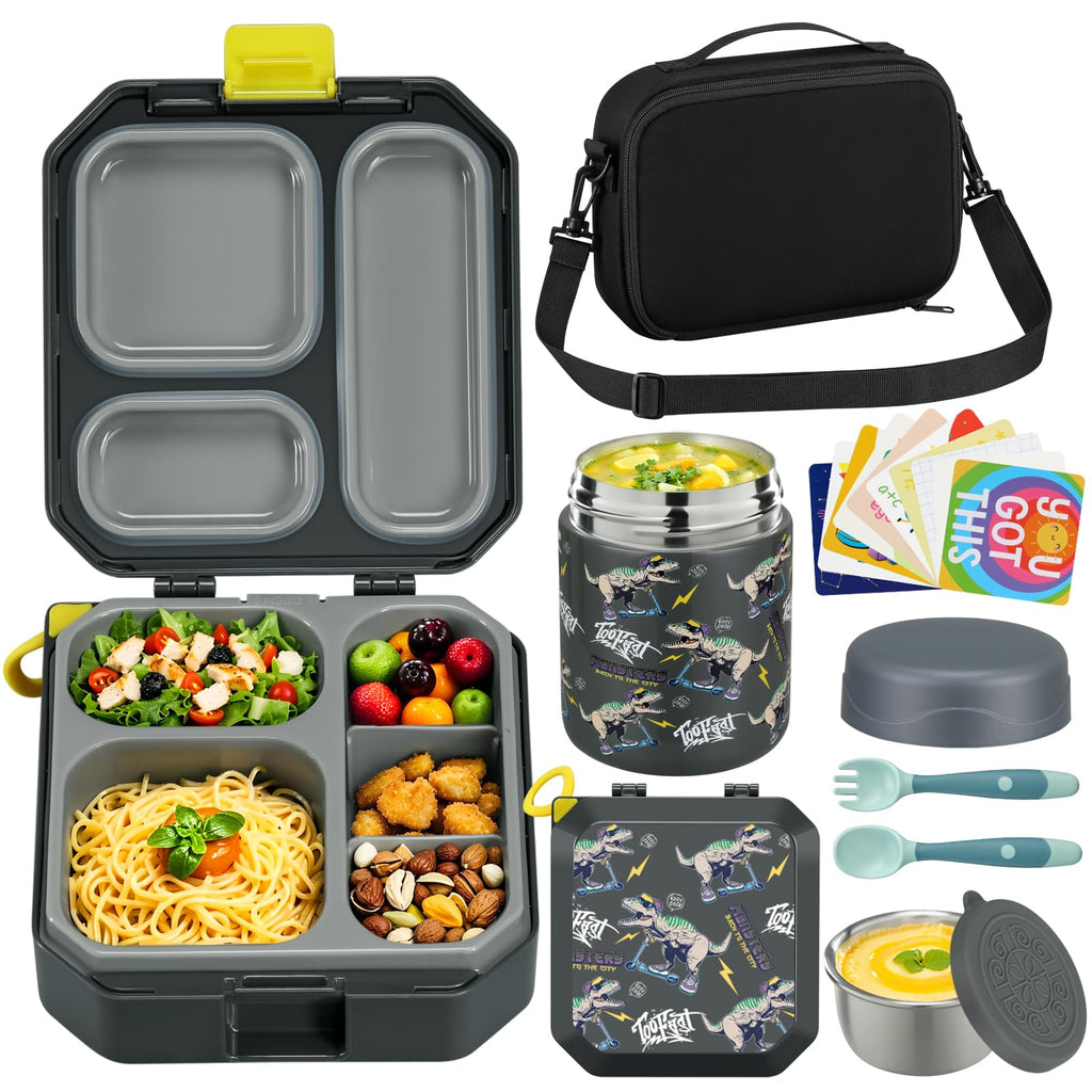 Itslife Bento Lunch Box Set for Kids with 12oz Soup Thermo&Lunch Bag, Leak-Proof Lunch Food Containers for Kids School, 5 Compartment, Sauce Cup, 10 Notes (Grey Dinosaurs)