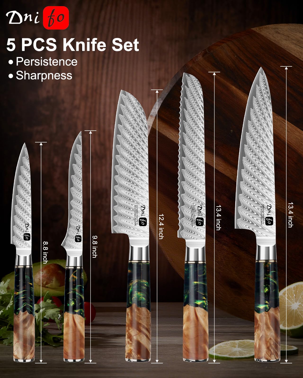5PCS Damascus Knife Set, 5" Paring, 6" Boning, 7" Santoku, 8" Chef & Bread