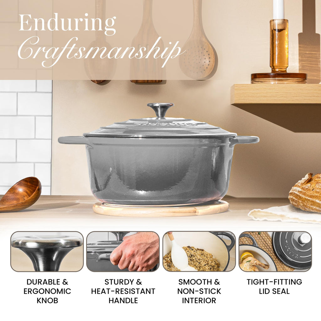 Cast Iron Dutch Oven with Lid - Non-Stick Ovenproof Enamelled Casserole Pot- Sturdy Dutch Oven Cookware - Grey, 7.3- Quart, 30cm- by Nuovva