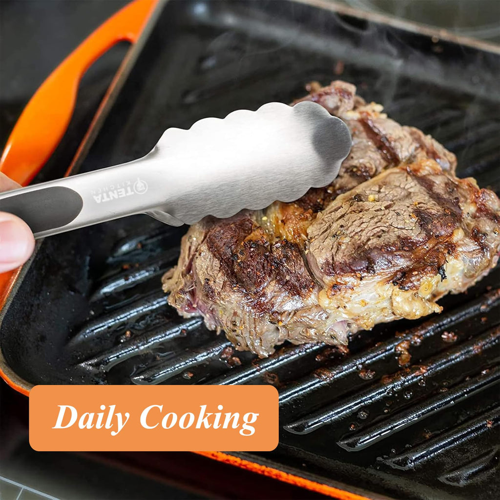Tongs for Cooking, 9-Inch Stainless Steel Kitchen Tongs, Locking Metal Food Tongs with Silicone Non-Slip Grip, Kitchen Utensils for Food, Salad and Outdoor BBQ (Set of 4)