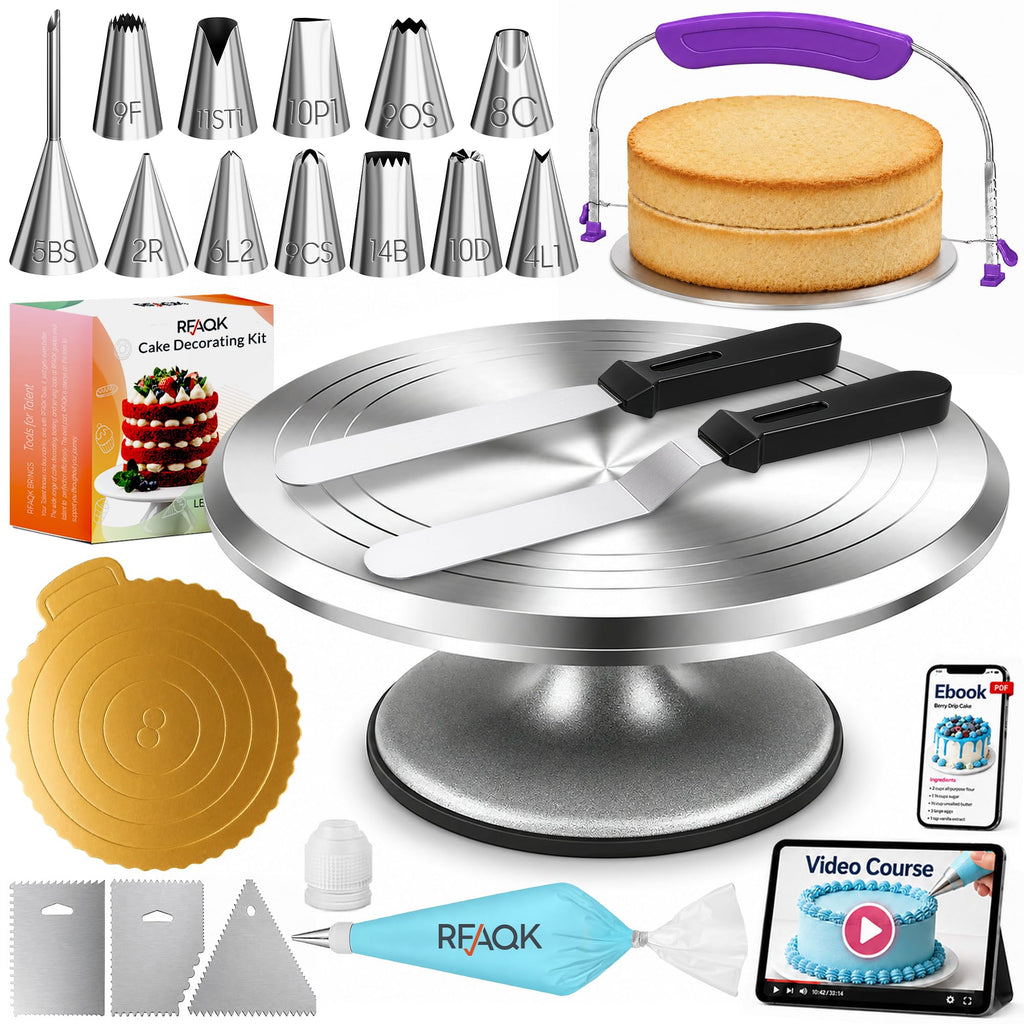 RFAQK 50PCs Cake Decorating Supplies Kit with 12" Aluminum Rotating Cake Turntable Stand, Professional Leveler, Straight & Offset Spatulas, 12 Numbered Icing Tips & Bags