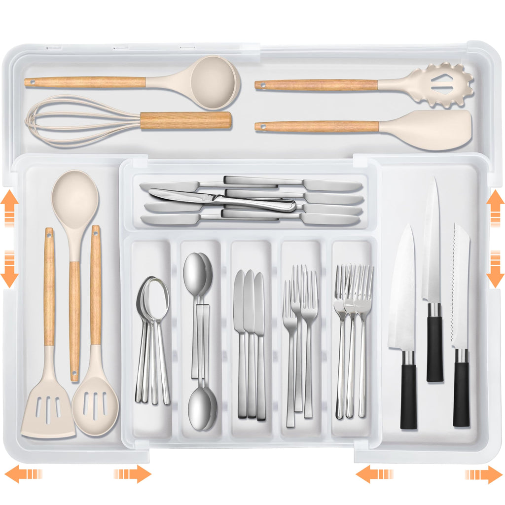 Spaclear Large Silverware Drawer Organizer Expandable Kitchen Utensil Organizer BPA Free Flatware Cutlery Holder Tray Adjustable Plastic Drawer Divider Storage for Forks Knives 6-9 Slots White