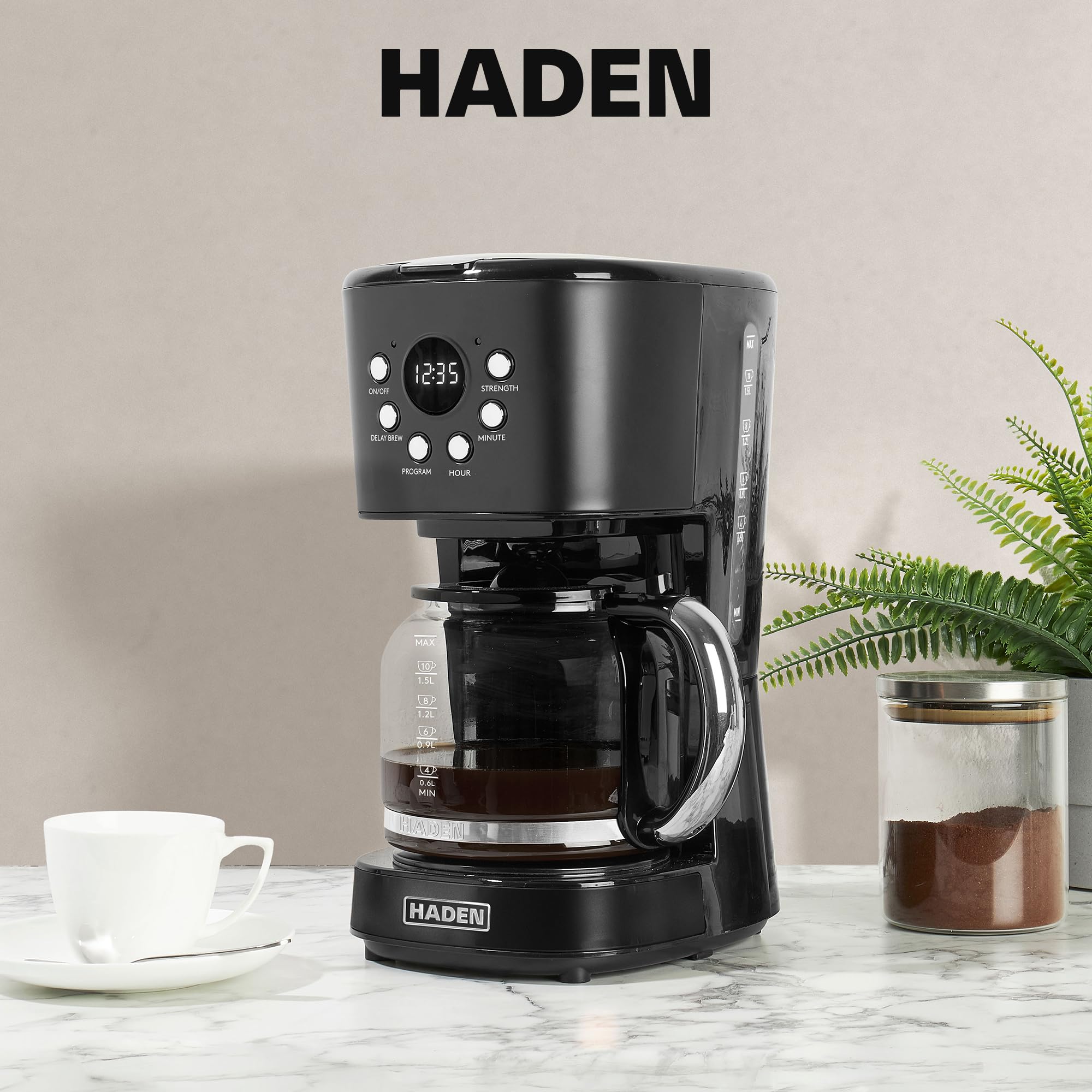 HADEN Coffee Machine, 12 Cup Programmable Drip Coffee Maker with Auto Shut-Off Function and Reusable Washable Water Filter, Black & Chrome