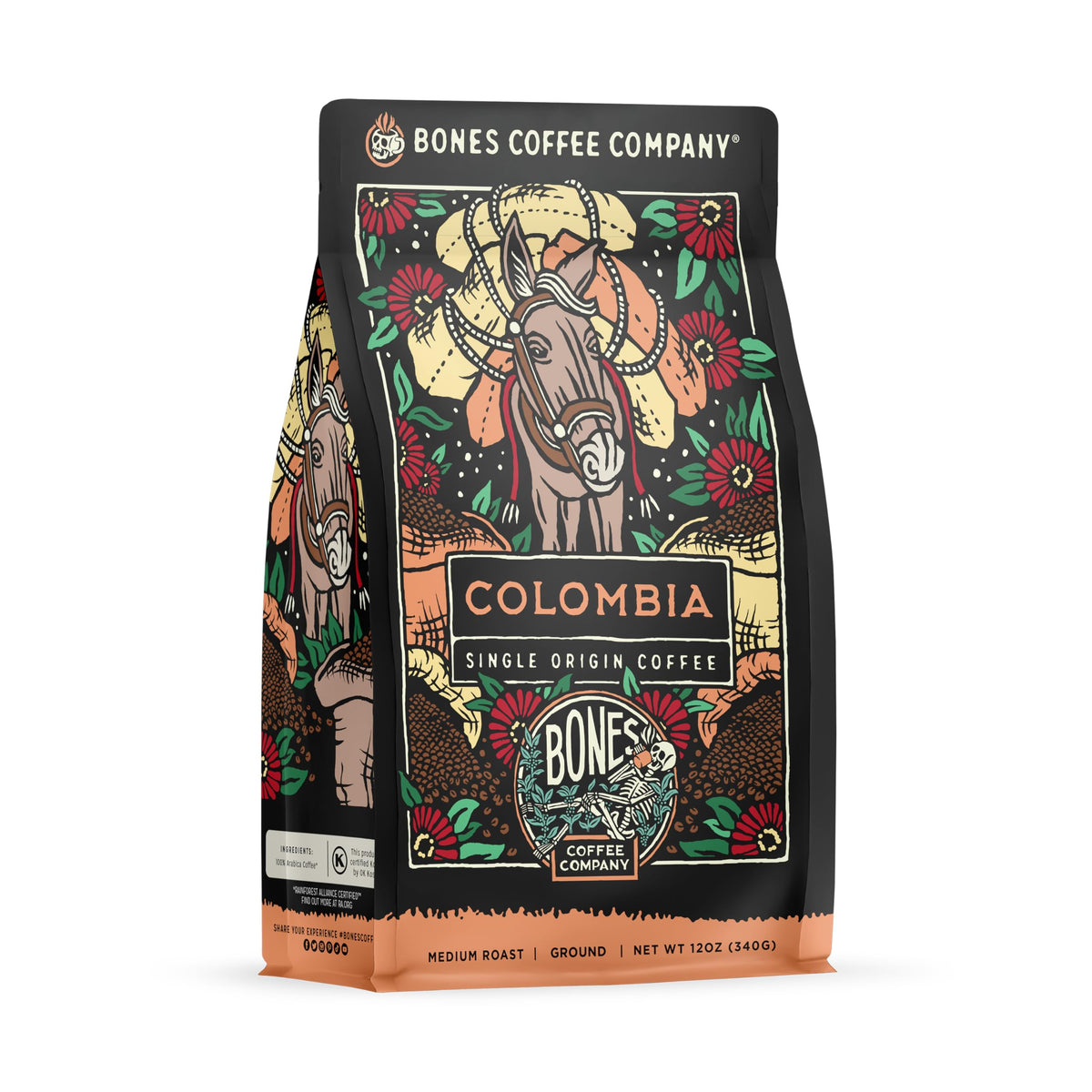 Bones Coffee Company Ethiopia Single-Origin, Citrus, Floral and Berries Notes, Whole Coffee Beans, Low Acid Medium Roast Arabica Beans Flavored Coffee, 12 oz Whole Bean