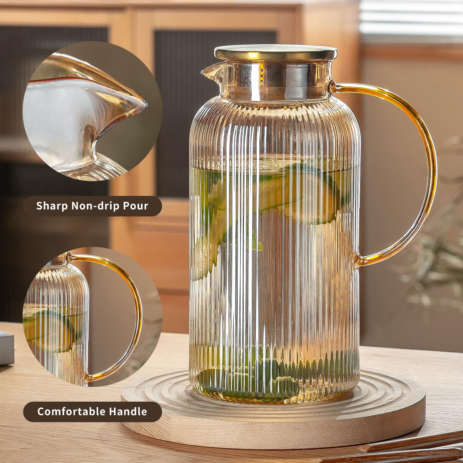 Buaic 2 PACK Glass Pitcher with Lid, 84 oz/ 2.5L Amber Glass Water Pitcher