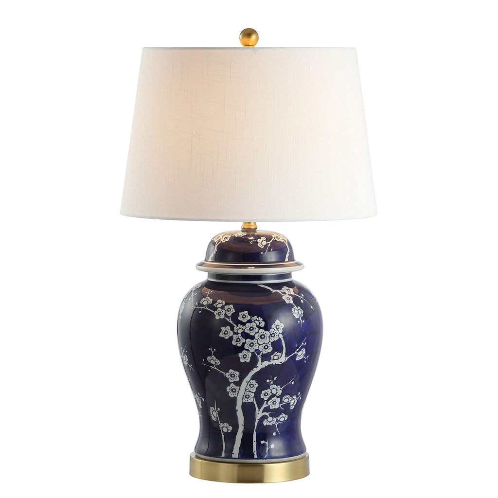 JONATHAN Y 29.5" White/Navy Blue Traditional Ceramic Ginger Jar Table Lamp for Living Room, Chinoiserie Asian Bedside Lamp with White Linen Shade and LED Bulb Included JYL3047A