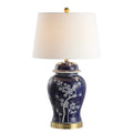 JONATHAN Y 29.5" White/Navy Blue Traditional Ceramic Ginger Jar Table Lamp for Living Room, Chinoiserie Asian Bedside Lamp with White Linen Shade and LED Bulb Included JYL3047A