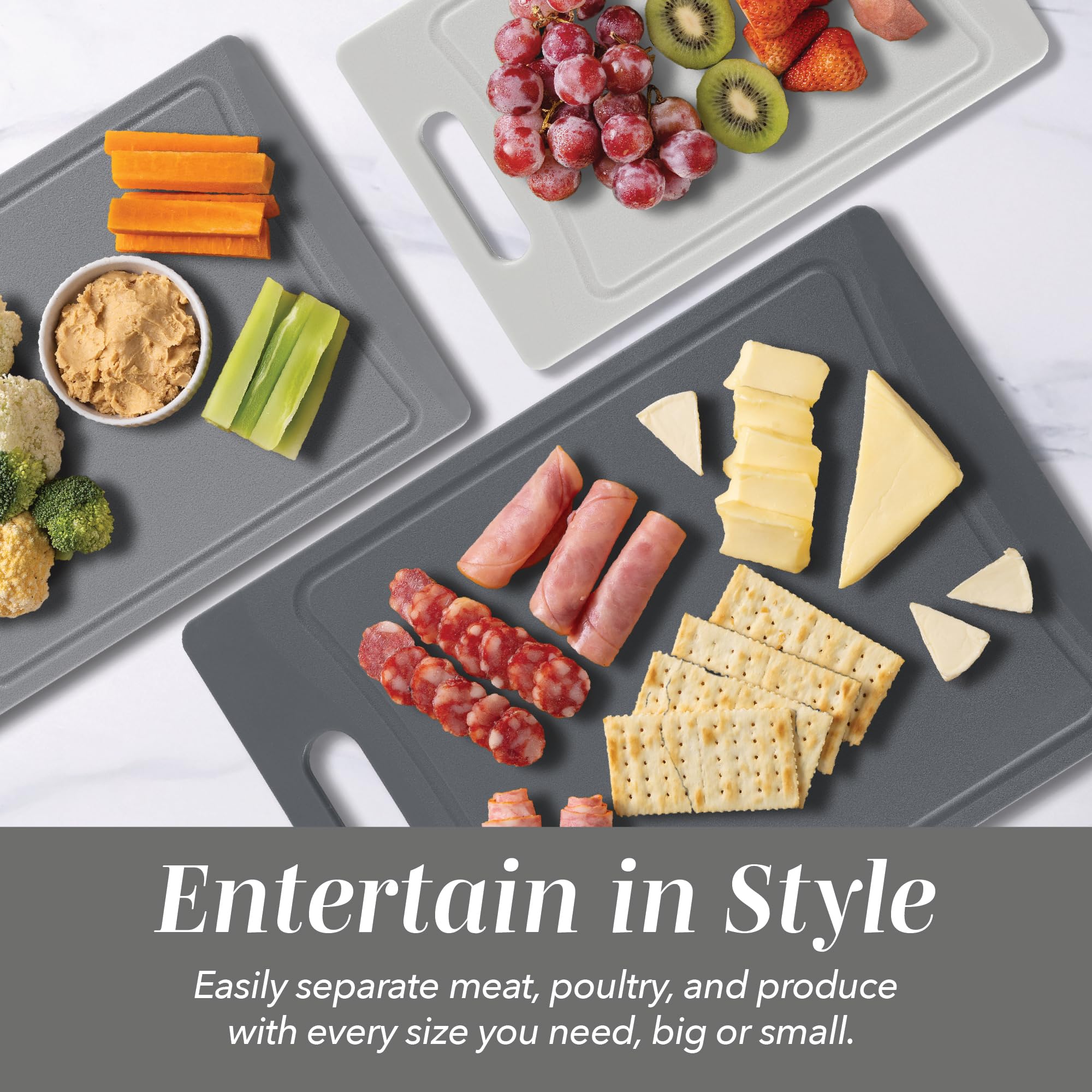 COOK WITH COLOR Non-Slip Cutting Board Set – Kitchen Essentials with Easy Grip Handle for Meat, Veggies, and Fruits, 3 Cutting Boards, Gray