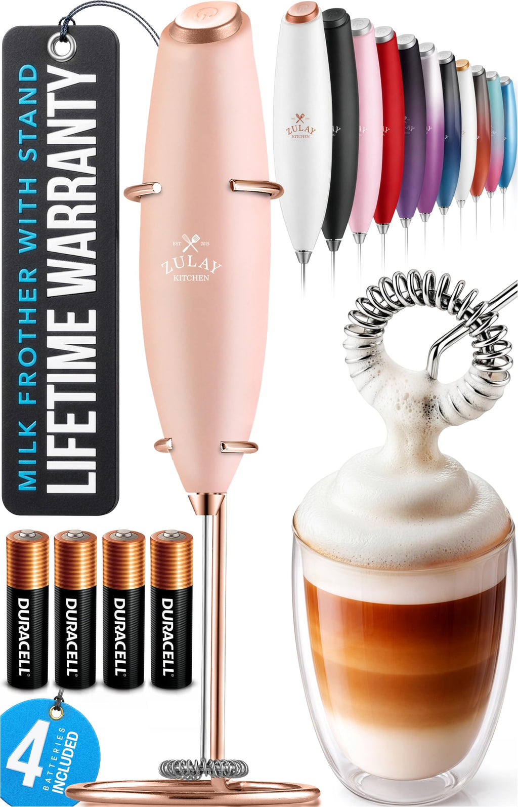Zulay Kitchen Powerful Milk Frother Wand With Duracell Batteries - Ultra Fast Handheld Drink Mixer - Electric Whisk Foam Maker for Coffee, Lattes, Cappuccino & Matcha - Z1 Motor - Rose Peach
