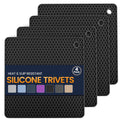 Silicone Trivet Mats 4 Heat Resistant Pot Holders Multipurpose Non-Slip Hot Pads for Kitchen Potholders, Drying mat, Jar Opener, Spoon Holder, Coaster.(Dark Black)