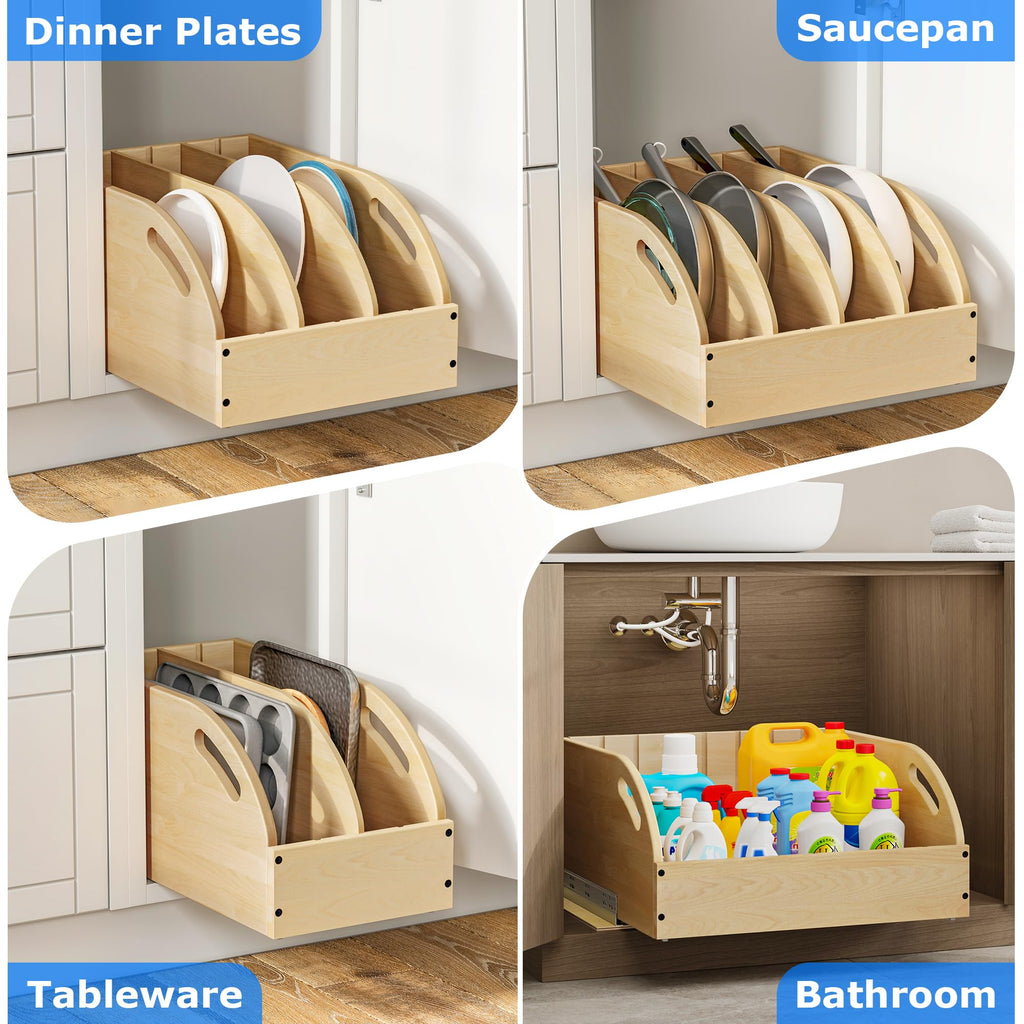 WelFurGeer Birchwood Pot and Pan Organizer with Soft-Close Drawer, Pull Out Cabinet Organizer, Heavy-Duty Slide-Out Storage for Baking Sheets, Cutting Boards, and Kitchen Utensils