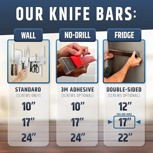 17" Premium Magnetic Knife Holder for Refrigerator (Double-Sided Heavy-Duty Magnets) - Upgraded Strip for Strong Fridge Mount - Clear Up Counter Space - 304 Anti-Rust Stainless Steel (Upgraded Design)