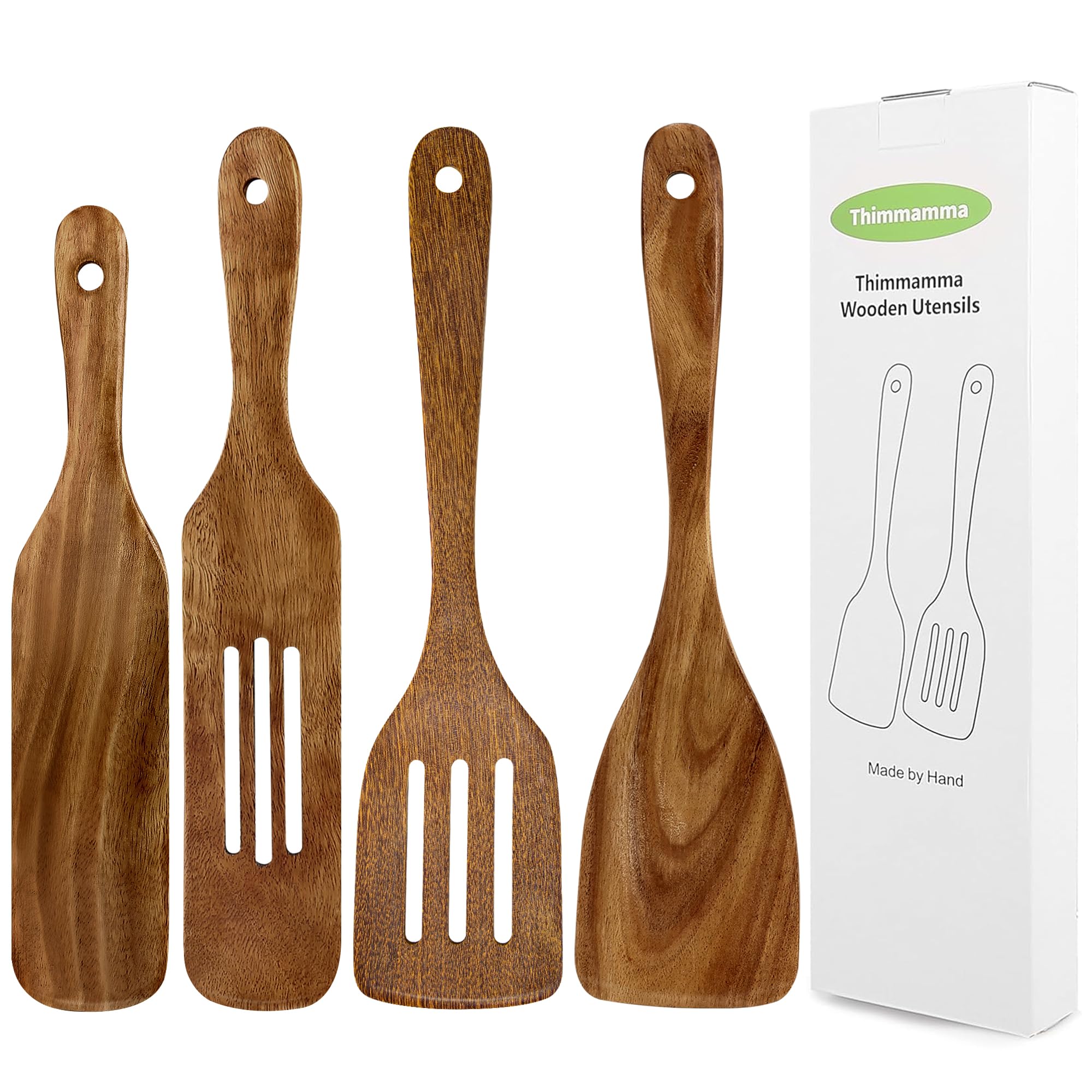 Wooden Spatula, Heat Resistant Cooking Wood Spatulas Spurtles for Non Stick Cookware Kitchen Use, Handmade Non Toxic Teak Wooden Cooking Utensil Spurtle Set for Cast Iron Baking Flipping, 4 Piece