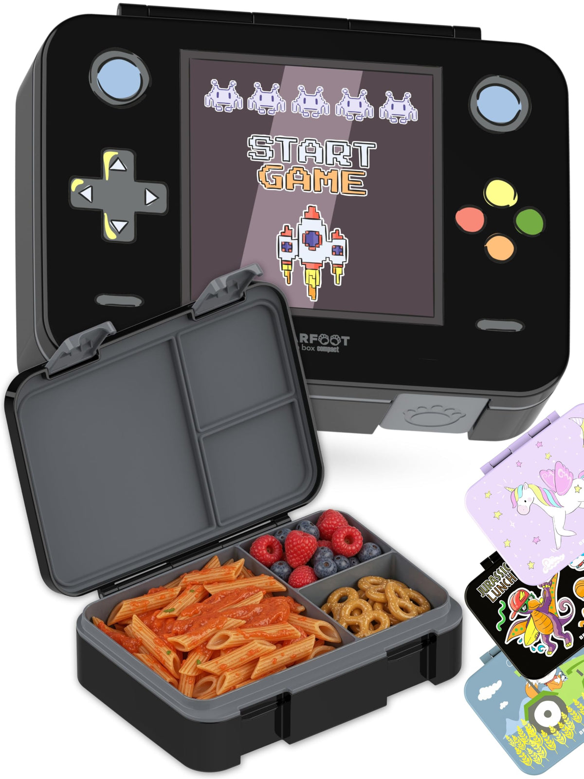 BEARFOOT Kids Lunch Box with Compartments – Compact & Lightweight | Leak-Proof, BPA-Free, Dishwasher Safe | Hand-Drawn Design for Preschool, School, Travel (Sticker Purple, 2.75 Cups)