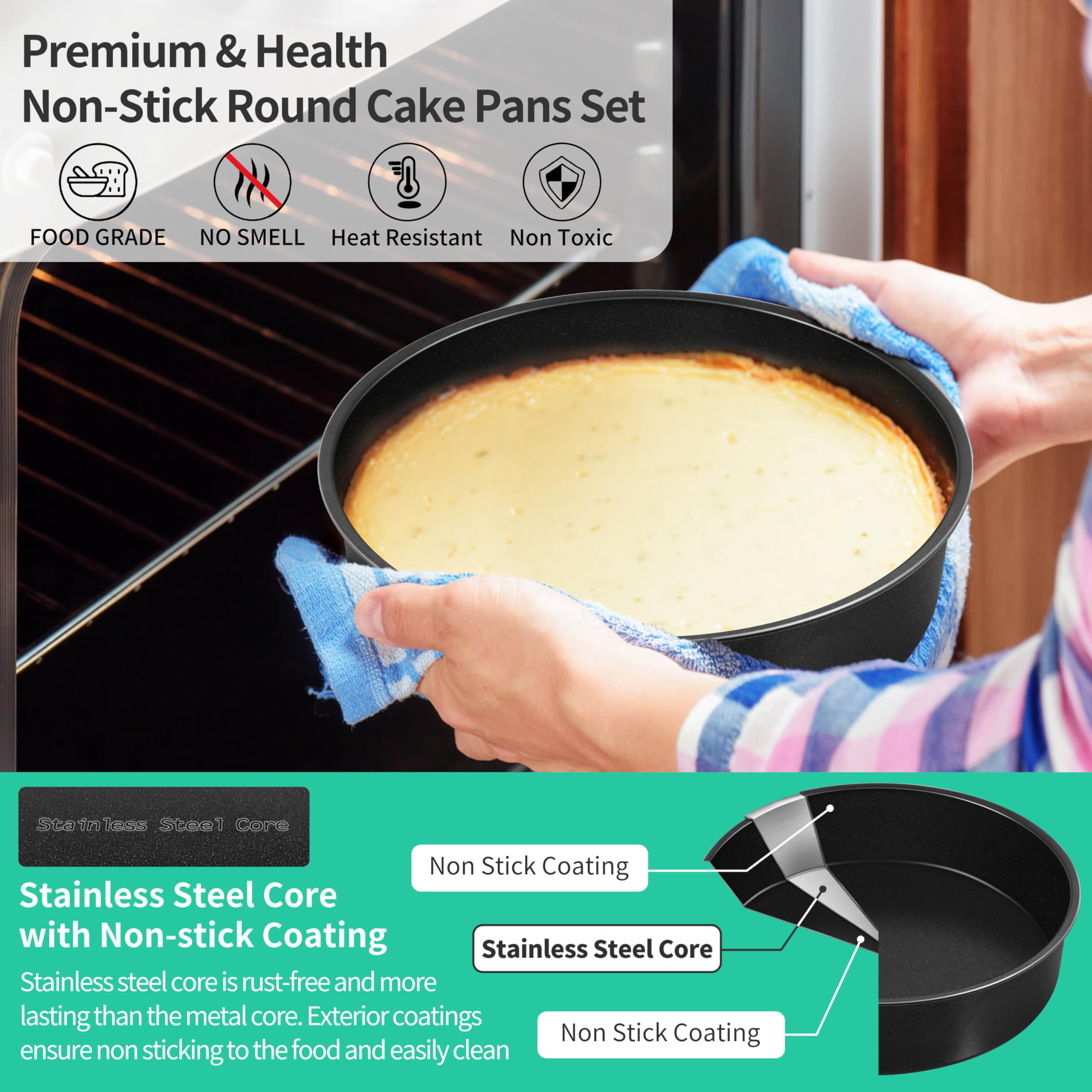 P&P CHEF 9.5 Inch Cake Pan Set, Non-stick Baking Pans for Cake, 4Pcs
