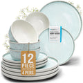 12 Piece Stoneware Dinnerware Set for 4 - Handmade Reactive Glaze Plates and Bowls Set - Chip & Scratch Resistant Dish Set - Dishwasher Microwave Safe - Light Beige & Blue