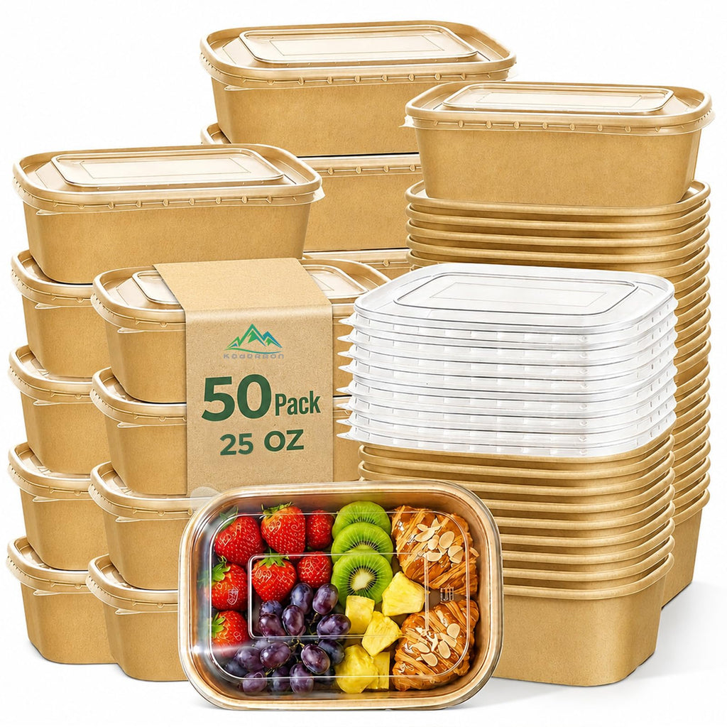 Kaderron 50 Pack 32 OZ Large Paper Bowls with Lids, Heavy Duty Disposable Compostable Container for Party, Disposable Bowls Bulk Soak-Proof and Microwave Safe for Hot/Cold Use(32OZ-50PACK)